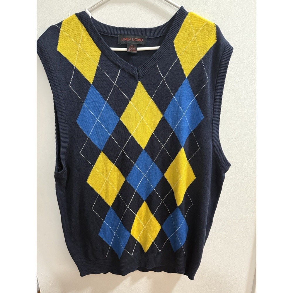 LINEA UOMO Mens Argyle V‎ Neck Sweater Vest Navy Blue Yellow Blue 2XL